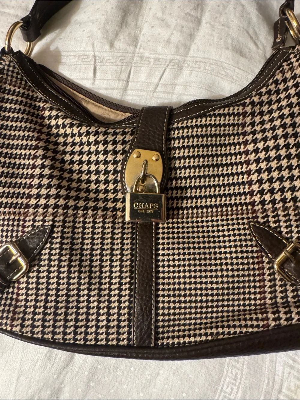 Chaps Brown & Beige Houndstooth Hobo with Gold Lock
